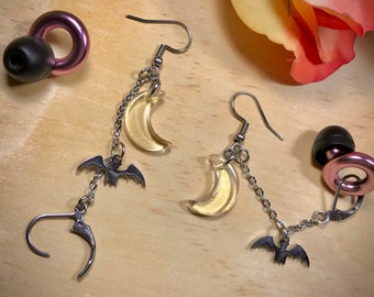 Bat & Moon Loop Earplug Holder Earrings - natural crystal healing, dangle earring, stainless steel, crescent moon, witchy jewelry