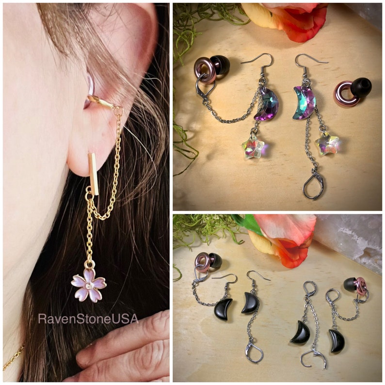 Mystery Box Loop Earplug Holder Earrings, dangle earring, stainless steel, sensory sensitivity, neurodivergent, concert, flower,moon, adh image 1