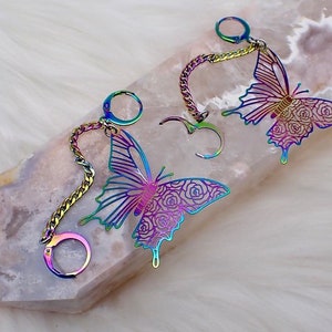 Holographic Butterfly Loop Earplug Holder Earrings - dangle earring, stainless steel, hypoallergenic, neurodivergent, concert, rainbow, rave