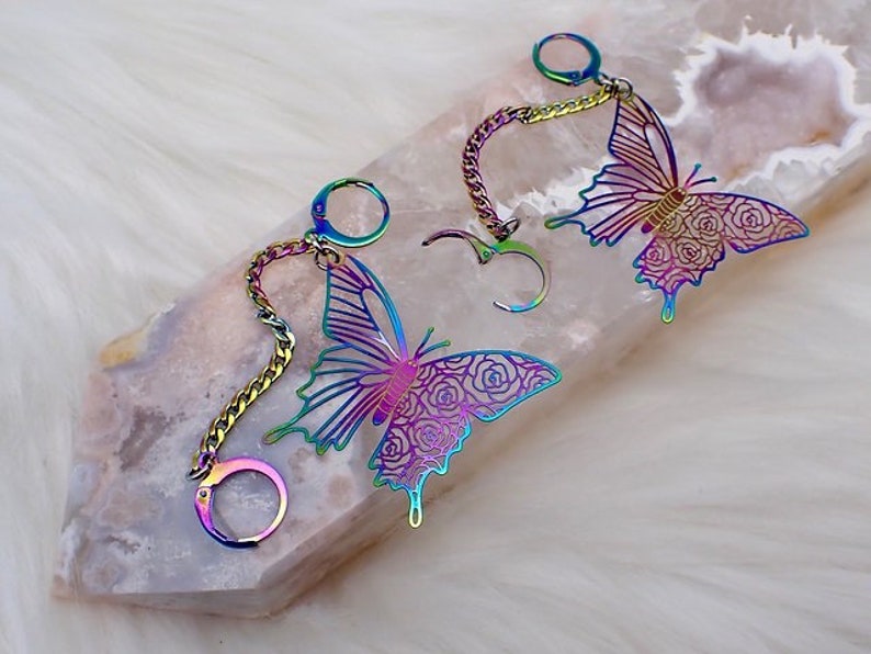 Holographic Butterfly Loop Earplug Holder Earrings dangle earring, stainless steel, hypoallergenic, neurodivergent, concert, rainbow, rave image 1