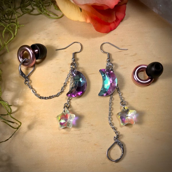 Crystal Moon & Star Loop Earplug Holder Earrings - natural crystal healing, dangle earring, stainless steel, crescent moon, witchy jewelry