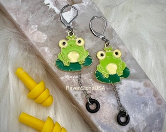 Froggy Earplug Holder Earrings - Loop, AirPod, frog earrings, stainless steel, hypoallergenic, neurodivergent, concert, ADHD