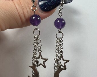 Natural Gemstone Bead - Moon and Stars Earrings - Natural Healing - Handmade - Celestial- Gift - Witchy