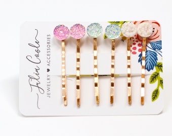 A set of six bobby pins druzy stone geo in pink white and green in gold. kawaii hipster Hair pins Girly kids hello kitty
