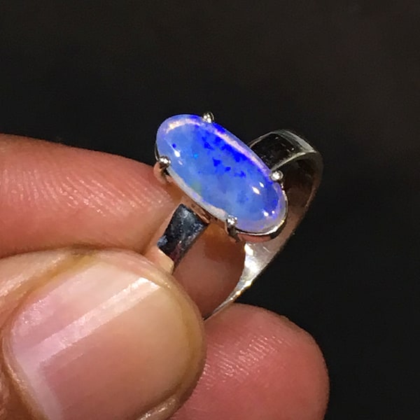 Natural Australian Opal Blue Fire Gemstone Ring 925 Solid Sterling Silver Ring Opal Stone Size 12x6 mm Birthday Gift Columbus day Sale Ring