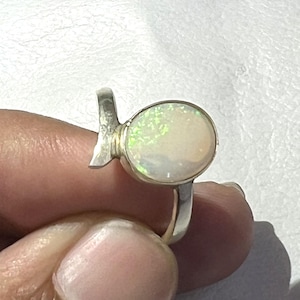 Australian Opal Sterling Silver Ring: Green Fire Gemstone, Oval Cabochon