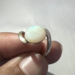 Australian Opal Sterling Silver Ring: Green Fire Gemstone, Oval Cabochon