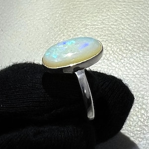 Australian Opal Ring: Green Fire Gemstone, Sterling Silver (15x8 mm)