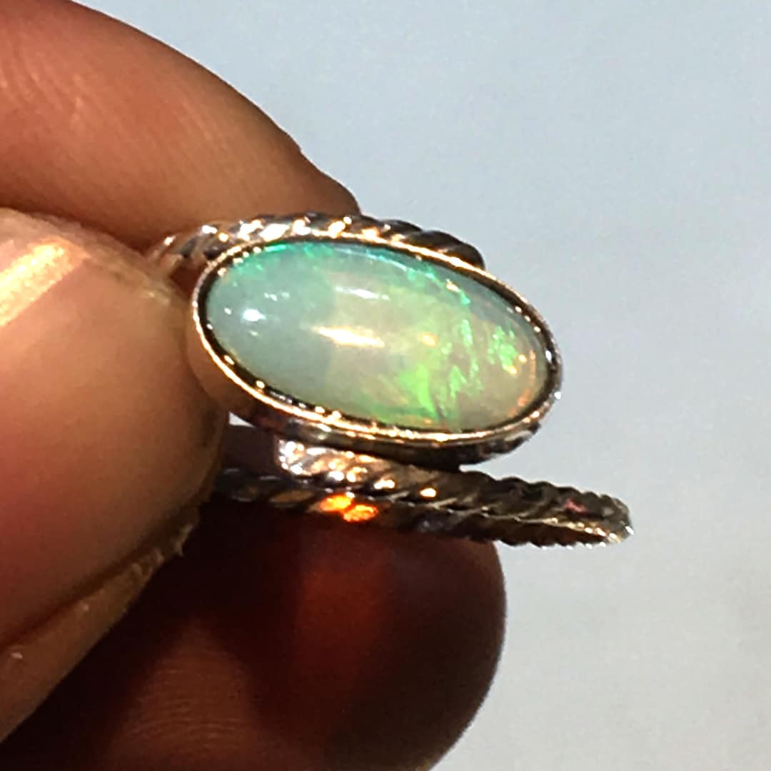 Natural Australian Opal Green Fire Gemstone Ring 925 Solid Sterling