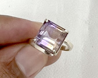 Handgjord ametrin ädelstensring: 925 sterlingsilver, fyrkantig sten