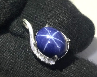 Blue Star Sapphire Pendant: Handmade 925 Sterling Silver, 9x11mm Oval Stone