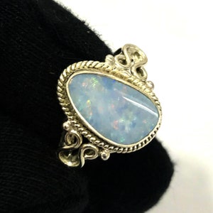 Natural Australian Doublet Opal Multi Fire Gemstone Ring 925 Solid Sterling Silver Ring Rare Opal Stone Size 12x7mm Gift Statement Ring