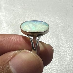 Australian Opal Sterling Silver Ring: Green Fire Gemstone, Oval 14x9mm