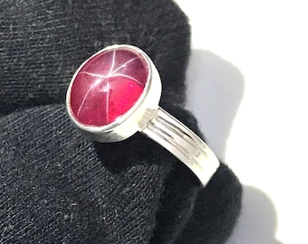 Handmade Red Star Ruby Ring: 925 Sterling Silver, Oval Stone (11x9mm)