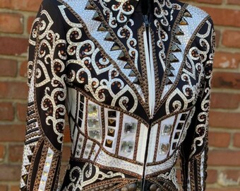 Veste de concours western grise et noire des meilleures ventes | Robe de reine de rodéo | Veste de concours pour l'équitation et l'esprit sportif, chemise de concours
