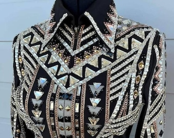 Veste de concours western grise et noire des ventes les plus vendues | Robe de reine de rodéo | Veste de concours pour l'équitation et l'esprit sportif, chemise de concours