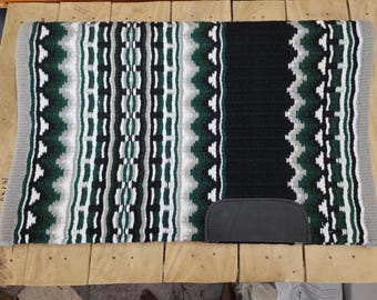 Handmade New Zealand Wool Western Saddle Blanket, Green Grey 34x42