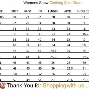 May include: A size chart for women's clothing with measurements in inches for bust, waist, hip, length, arms, and shoulder.