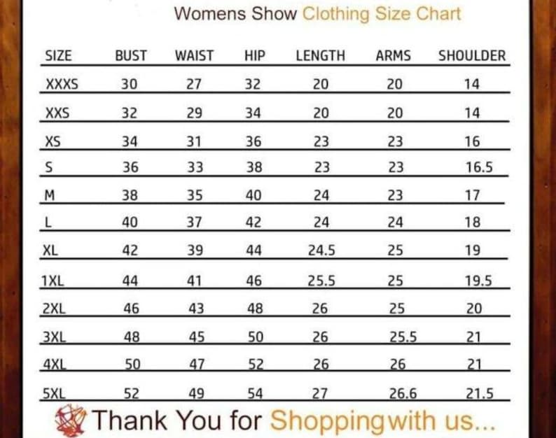 May include: A size chart for women's clothing with measurements in inches for bust, waist, hip, length, arms, and shoulder.