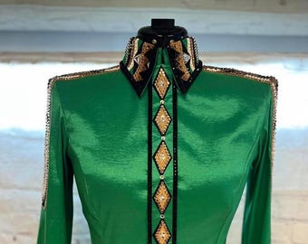 Best Selling Green Western Show Shirt | Rodeo Queen Dress | Horse Riding Showmanship and Sportsmanship Show Jacket Show Pad Taffeta Shirt