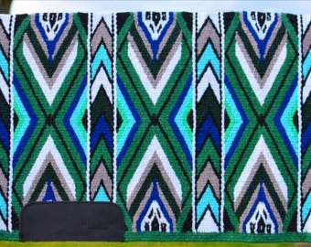 Handwoven Green Turquoise Wool Saddle Blanket, Western Ranch Pad (34x42)