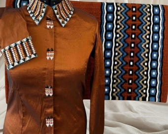 Rust Best Selling Western Show Shirt | Rodeo Queen Dress | Horse Riding Showmanship and Sportsmanship Show Jacket Show Pad Taffeta Shirt