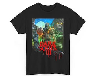 May include: Black t-shirt with a graphic print of characters from the video game Dark Souls III. The graphic features a dark background with a red and white logo that says "Dark Souls III".