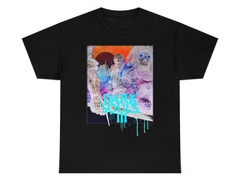 May include: Black t-shirt with a graphic print of a character from the video game Dark Souls III. The graphic is a collage of images with a blue, purple, and orange color scheme. The text "DARK SOULS III" is in a blue font.