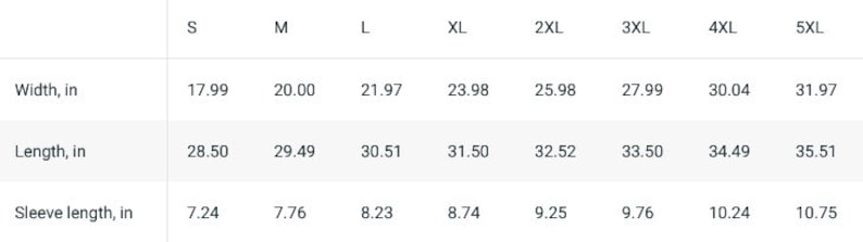 Puede incluir: Tabla de tallas que muestra las medidas de ancho, largo y manga en pulgadas para las tallas S a 5XL.