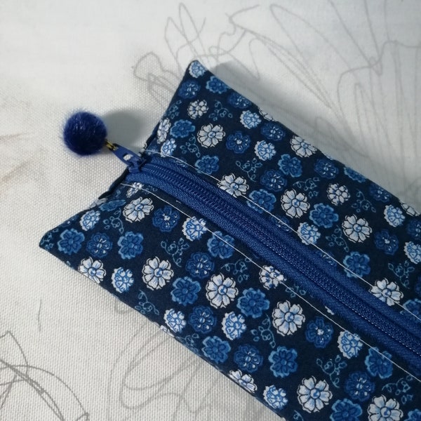 Pencil Pouch, Dark Blue Flowers With Fluffy Pompom | Hanger, Gold, Accessoires, Desk Stationery, Etui, Pencil Case, Cute, Long, Easy, White