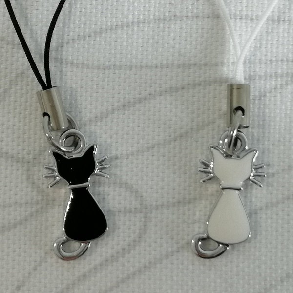 Sangle de charme de téléphone, corps de chat | Cordon téléphonique, pendentif, breloques, métal, argent, mignon, porte-clés, animaux, chaton, blanc, noir, 70 mm | P392