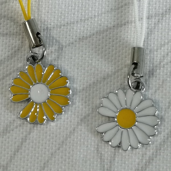 Phone Charm Strap, Flower | Telefoon Koord, Hanger, Bedels, Metaal, Zilver, Cute, Sleutelhanger, Floral, Bloem, White, Yellow, 75mm | P319