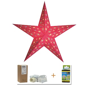 Papierstern &quot;starlet rot&quot;  optional mit Kabel und Birne, Fensterdeko zum Aufhängen handgemacht aus Indien