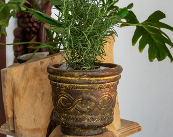 Blumentopf Vaso Azteca, Pflanztopf aus Ton, Blumenbehälter in braun matt, Gartendeko