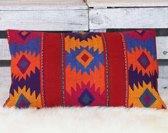 Hand-woven sofa cushion from Mexico dark red 30x50 one-sided, decorative cushion incl. filling cushion