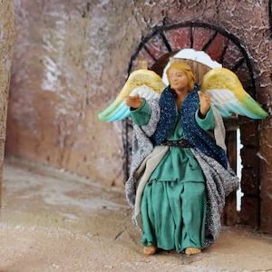 Angel 13 cm in clay/fabric, Annunciation, Christmas crib, Christmas, handmade nativity figure in clay, Handmade, Christmas angel green
