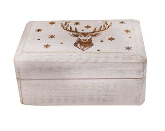 Handmade wooden storage box in white with deer head, jewelry box, box