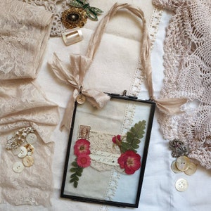 Pressed Flower Collage in glass frame with Vintage Lace and Manuscript