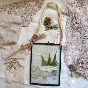 Pressed Flower Collage in glass frame with Antique Lace and Manuscript