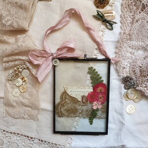 Pressed Flower Collage in glass frame with Antique Lace and Manuscript