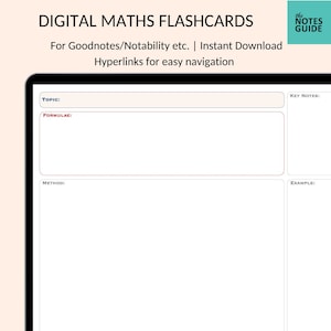 May include: A digital maths flashcards template for Goodnotes and Notability apps. The template has sections for topic, formulae, method, key notes, and example.