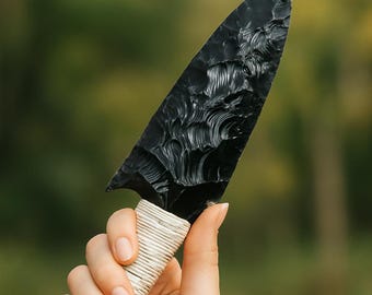 Obsidian Viking Dagger: 10" Black Lava Knife, White Thread Wrap