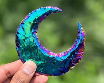 Bulk 3 Pcs Titanium Aura Black Obsidian Crescent Moon: Handmade Root Chakra Carving