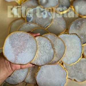 Bulk Custom White Agate Coasters | Gold Electroplated Coaster set Agate Slices | Coffee Table Home Decor Round Coasters | Crystal Gifts