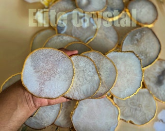 Bulk Custom White Agate Coasters | Gold Electroplated Coaster set Agate Slices | Coffee Table Home Decor Round Coasters | Crystal Gifts