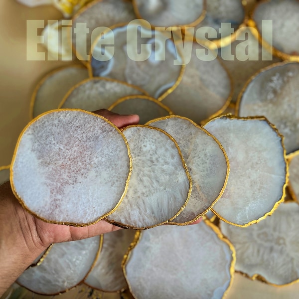 Bulk Custom White Agate Coasters | Gold Electroplated Coaster set Agate Slices | Coffee Table Home Decor Round Coasters | Crystal Gifts