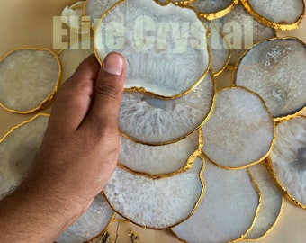 White Agate Coasters with Gold Edge | Crystal Home Decor | Table Decor