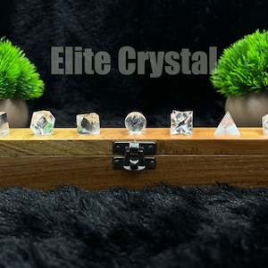 Ensemble de 3 géométries de quartz en cristal clair, 7 pcs dans une boîte en bois | Ensemble de guérison des chakras | Ensemble de solides platoniques de pierres précieuses | Coffret Reiki de guérison en vrac