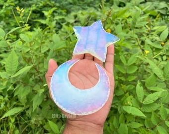 Bulk 3 Pcs Opalite Crescent Moon & Star Carving Pair | Wiccan Altar Decor