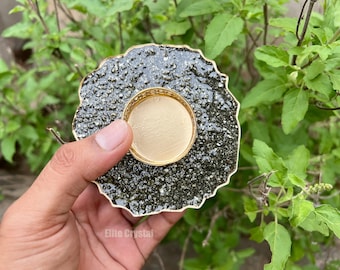 Luxury Pyrite Chips Resin Candle Holder with Gold Edge | Handmade Home Decor Gift